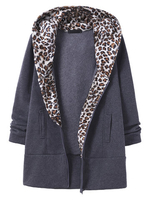 Long Leopard Hooded Zipper Coat