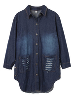 Long Sleeve Lapel Broken Hole Pocket Denim Jacket For Women