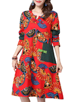Long Sleeve Printed O Neck Pocket Vintage Dress For Women