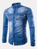 Long Sleeves Stone Washed Denim Printing Double Chest Pockets Button Up Dress Shirts for Men