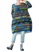 Loose Colorful Printed Stripe O-Neck Long Sleeve Knee-Length Dress
