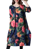 Loose Flower Printed O-Neck Long Sleeve Pocket A-Line Dress For Women