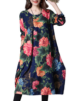 Loose Flower Printed O-Neck Long Sleeve Pocket A-Line Dress For Women