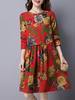 Loose Folk Printed Pocket Long Sleeve O Neck Dress For Women