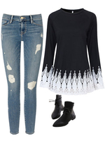Loose Lace Patchwork Long Sleeve O Neck Women T-Shirts