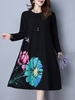 Loose Lotus Flower Printed Long Sleeve O Neck Dresses For Women
