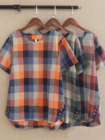 Loose Multi-Color Plaid Round Neck Irregular Hem Blouse For Women