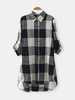 Loose Plaid Adjustable Sleeve Turn-Down Collar Blouse For Women