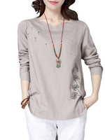 Loose Pocket Button Long Sleeves Printed Round Neck T-shirt