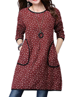 Loose Pockets Vintage Printed Long Sleeve O-neck Dress