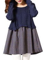 Loose Pregnant Women Plaid Patchwork Knit Fake Two-Piece Blouse