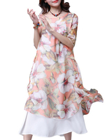 Loose Print Half Sleeve O-Neck Double Layer Dresses