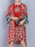 Loose Print Irregular Hem 3/4 Sleeve Women Dresses