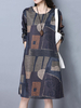Loose Print Patchwork Pocket Long Sleeve O Neck Women Dresses