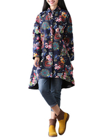Loose Printed Long Sleeve Lapel Button Cotton Thicken High Low Coat
