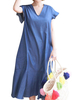 Loose Short Sleeve V Neck Pleated Hem Women Dresses