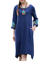 Loose Solid Color Printed Folk Embroidery O Neck Dresses For Women