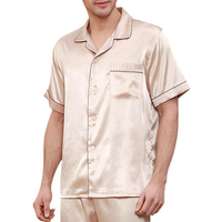 Loose Striped Collar Chest Pocket Silk Home Short Sleeves Pajama Sets for Men