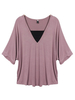 Loose Women Batwing Sleeve V-Neck Fake Two-piece Patchwork Pullover T-shirt