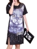Loose Women Cat Printing Hem Split Knee-Length Dress