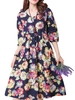 Loose Women Floral Half Sleeve Pleated Cotton Linen Dress