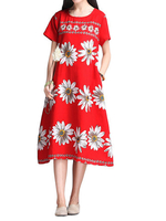 Loose Women Flower Printed Short Sleeve Cotton Linen Dress