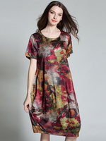 Loose Women Flower Printed Short Sleeve Lantern Dress