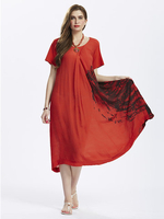 Loose Women Ink Printed O-Neck Short Sleeve Cotton Linen Dress