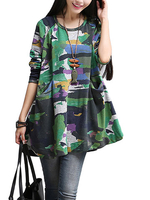 Loose Women Painting Printed Long Sleeve Pocket Cotton Blouse