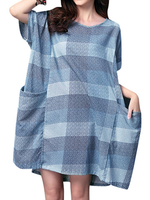 Loose Women Plaid Pocket Cotton Linen Mini Dress