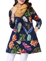 Loose Women Printed O-Neck Long Sleeve A-Line Dress Mini Dress