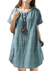 Loose Women Short Sleeve Printed Check Irregular Linen T-shirt