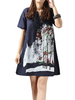 Loose Women Short Sleeve Printing Cotton Linen Mini Dress
