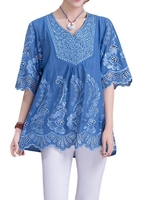Loose Women Solid Color Embroidery Hollow Out T-shirt