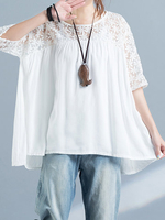 Loose Women Solid Lace Patchwork Embroidery Hollow Tops