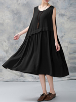 Loose Women Solid Pleated Patchwork A-line Maxi Dress