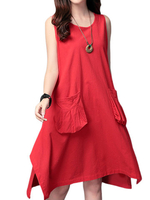 Loose Women Solid Sleeveless Pocket Cotton Linen Dress