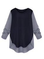 Loose Women Stripe Patchwork Irregular Hem Long Sleeve T-Shirt