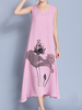 Lotus Print Sleeveless O Neck Loose Hem Women Dresses