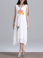 Lotus Printed Layer Sleeveless Vintage Elegant Dress