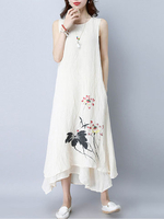 Lotus Vintage Printed O-Neck Sleeveless Women Maxi Dresses