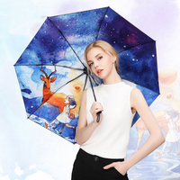 LYZA Hand-painted 3 Folds Sunscreen Umbrella Rain Umbrella Portable Sun Umbrella