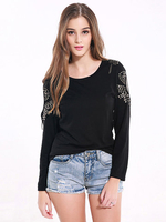 Lztlylzt Women Casual Hollow Beading O-neck Long Sleeve T-shirt