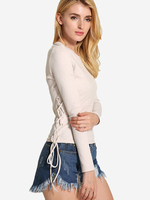 Lztlylzt Women Casual Knitting Bandage O-neck Long Sleeve Tops