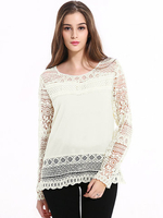 Lztlylzt Women Casual Lace Hollow Loose O-neck Long Sleeve Tops