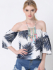 Lztlylzt Women Casual Leaves Print Off-shoulder Three Quarter Sleeve Tops