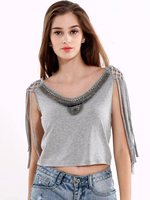 Lztlylzt Women Casual Tassels Beading V-neck Sleeveless Tank Top