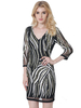 Lztlylzt Women Sexy Sequins Stitching Bodycon 3/4 sleeve V-neck Mini Dress