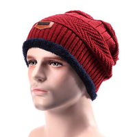 Male Knitted Slouch Beanie Hat Lining Plush Double Layers Winter Warm Ski Outdoor Cap