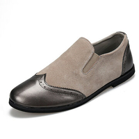 Men Carved Brogue Suede Splicing Color Blocking Flat Casual Slip-on Shoes